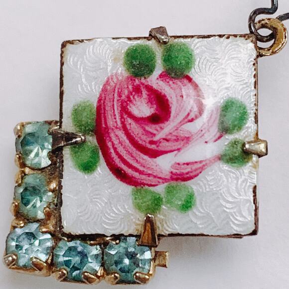 VTG 1950s Enamel Earrings Reverse Painted Guilloché Rose Aqua-Blue Rhinestones - Picture 5 of 12